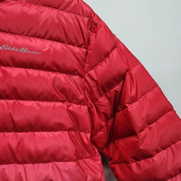 Eddie Bauer Large 14-16 Girls Reversible Hooded Down Jacket Coat Ombré Red Pink - Picture 8 of 14